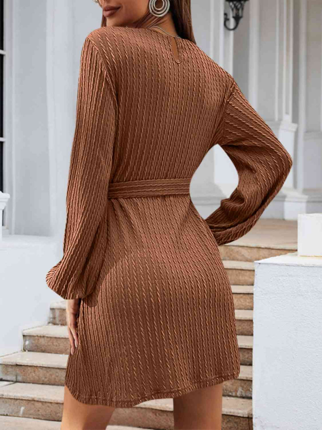 Pre-Order: Round Neck Tie Front Long Sleeve Dress