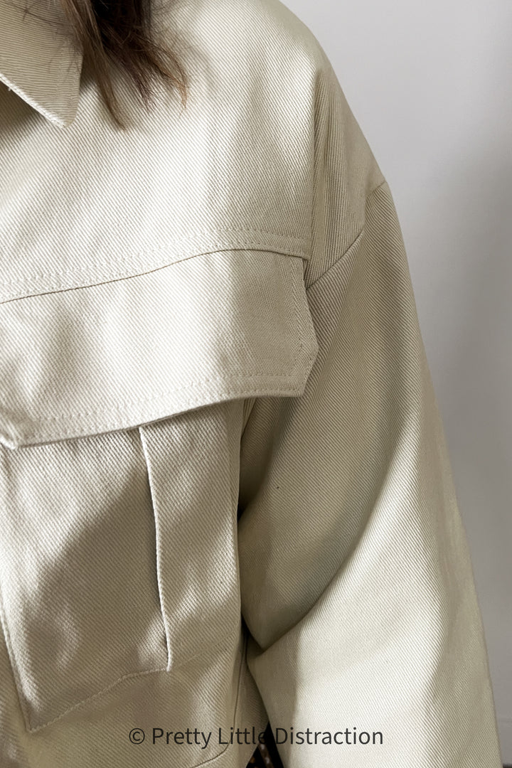 Taupe Cotton Twill Drop Shoulder Button Jacket