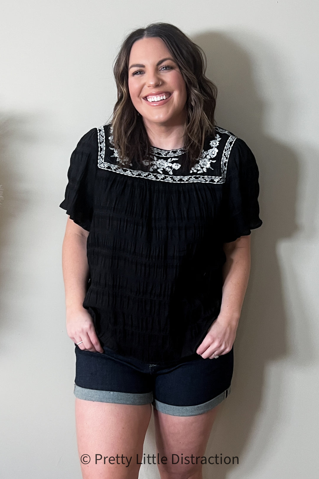 Black Embroidered Smocked Top