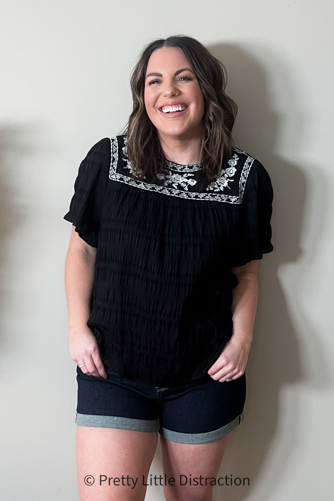 Black Embroidered Smocked Top