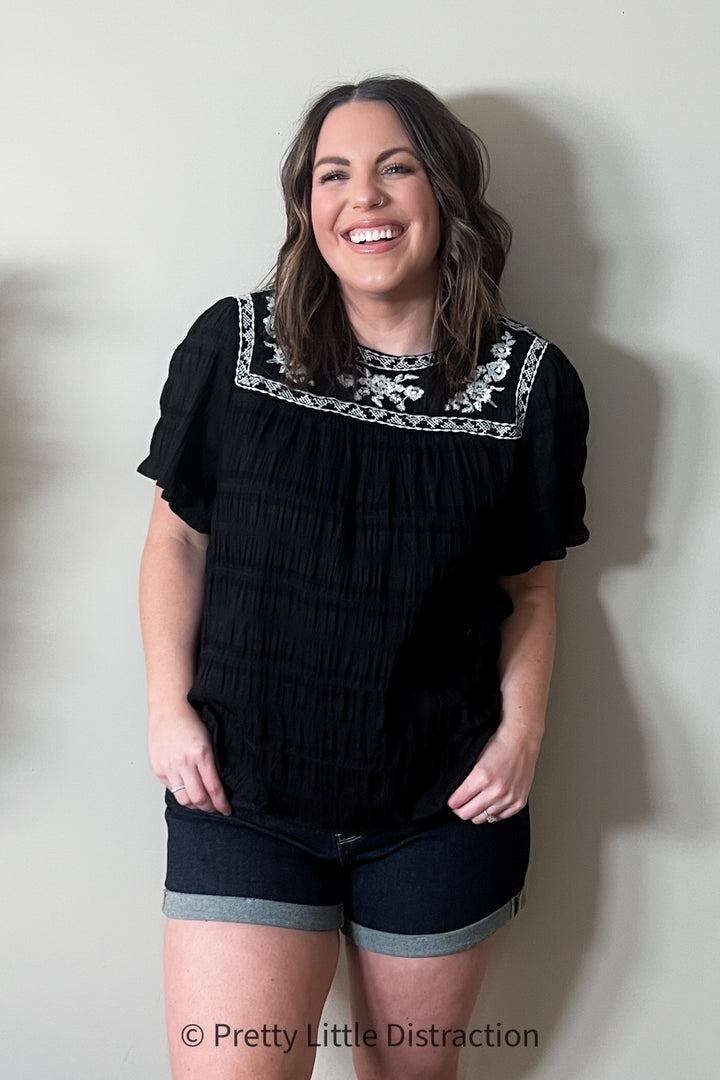 Black Embroidered Smocked Top