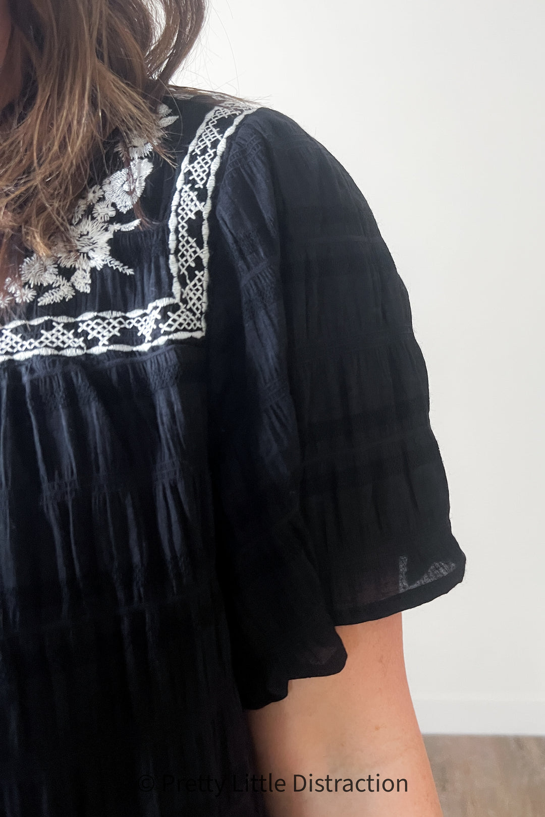 Black Embroidered Smocked Top