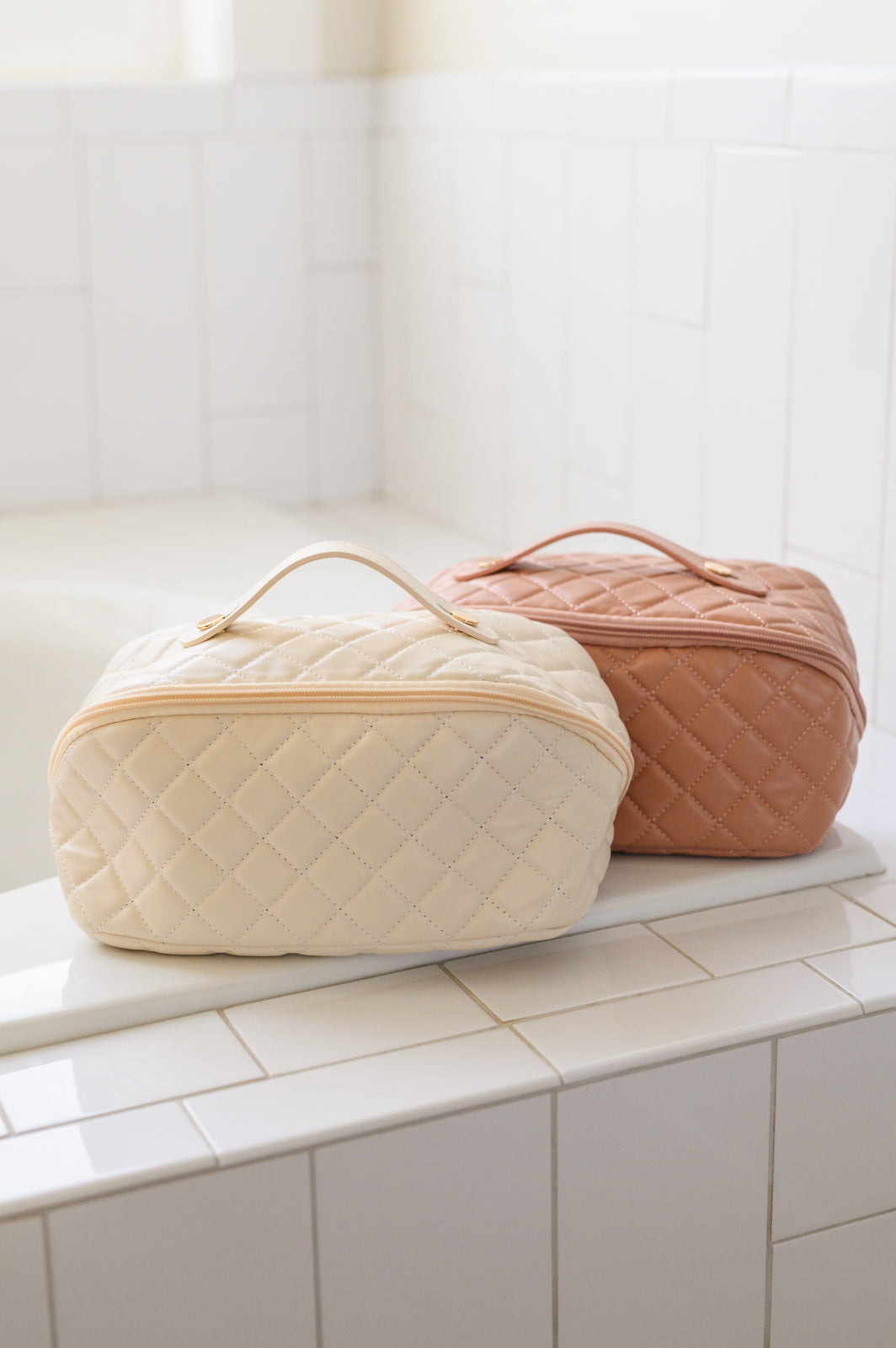Large Capacity Quilted Makeup Bag in Cream