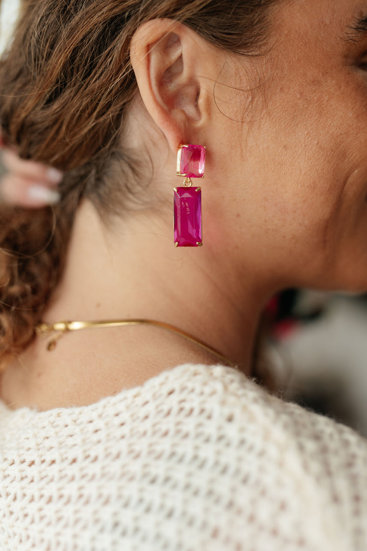 Sparkly Spirit Rectangle Crystal Earrings in Pink