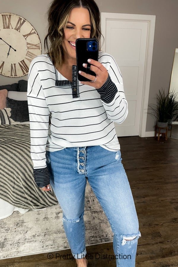 PRE-ORDER: Striped Waffle Knit Henley Long Sleeve Top