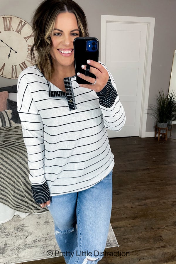 PRE-ORDER: Striped Waffle Knit Henley Long Sleeve Top