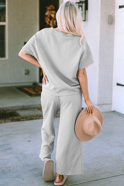Pre-Order: Double Take Full Size Texture Short Sleeve Top and Pants Set