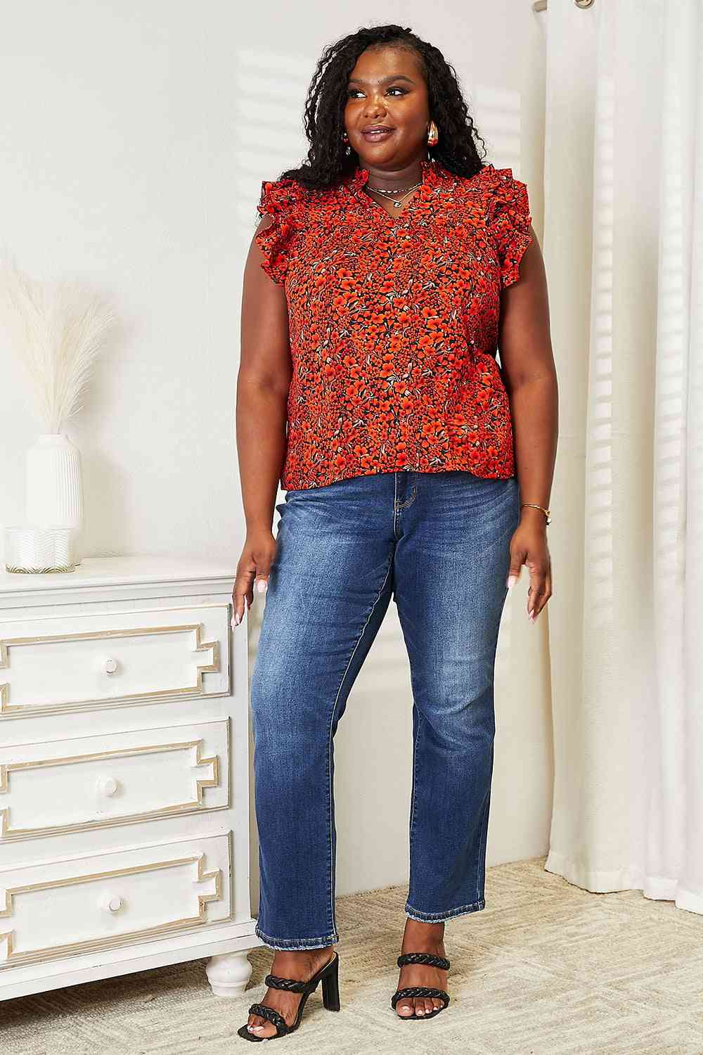 PRE-ORDER: Fall Floral Flutter Sleeve Notched Neck Blouse