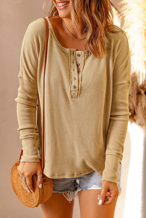 Pre-Order: Waffle Knit Henley Long Sleeve Top