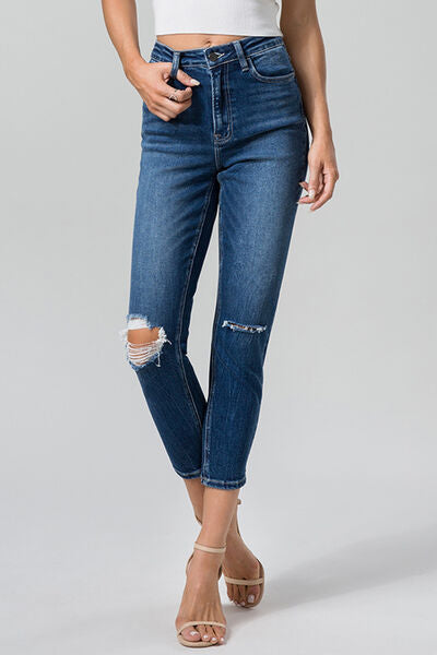 PRE-ORDER: BAYEAS Full Size High Waist Distressed Washed Cropped Mom Jeans
