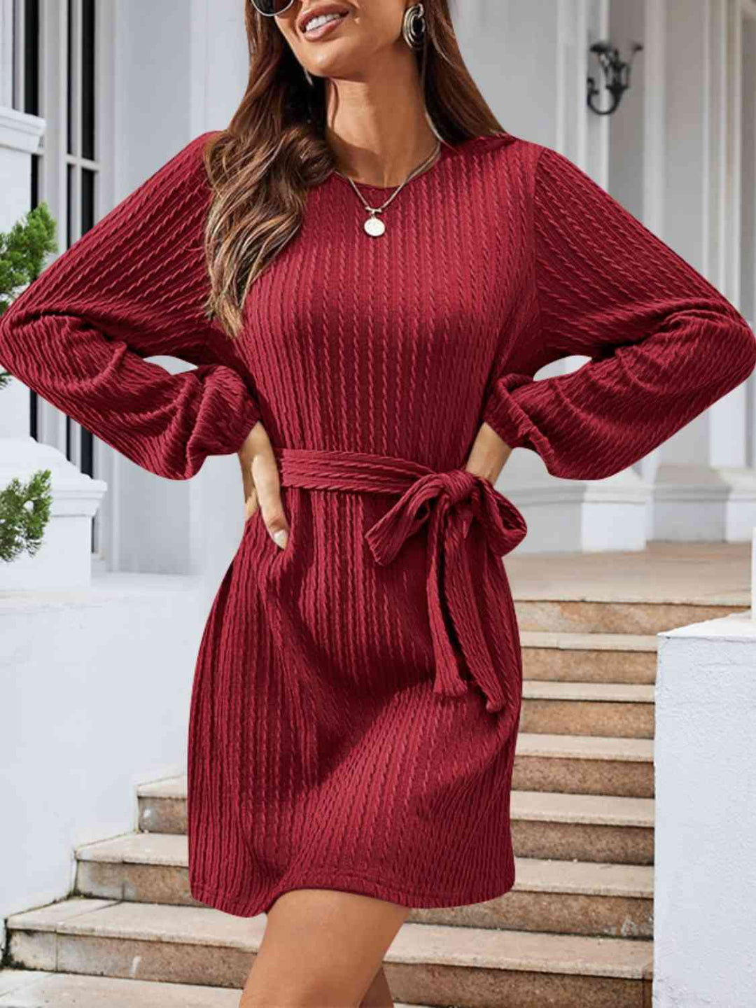 Pre-Order: Round Neck Tie Front Long Sleeve Dress