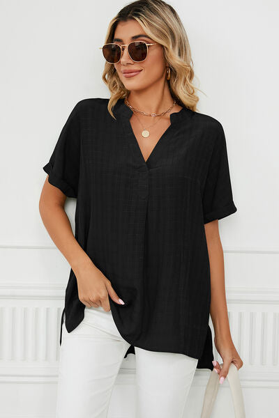 PRE-ORDER: Ruched Notched Short Sleeve Blouse