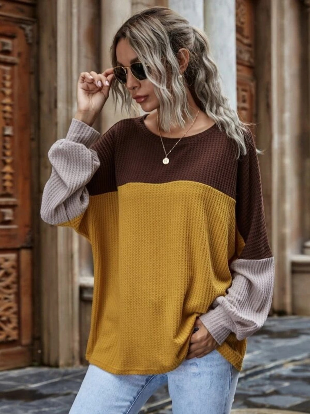 PRE-ORDER: Color Block Waffle-Knit Long Sleeve Top