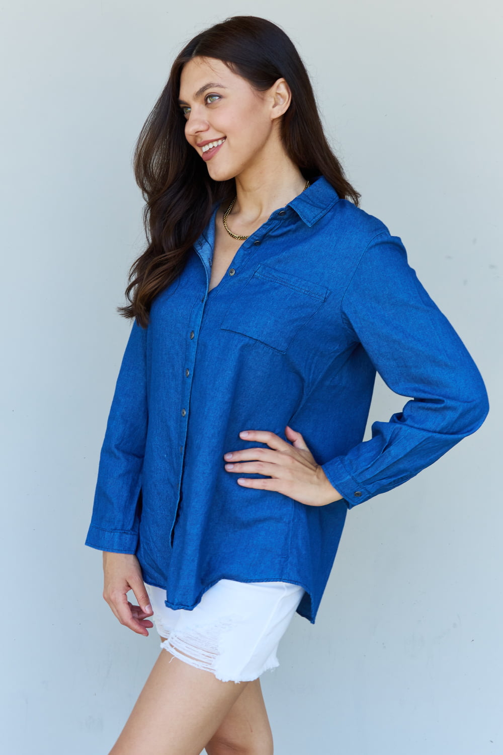 PRE-ORDER: Denim Button Down Shirt Top in Dark Blue