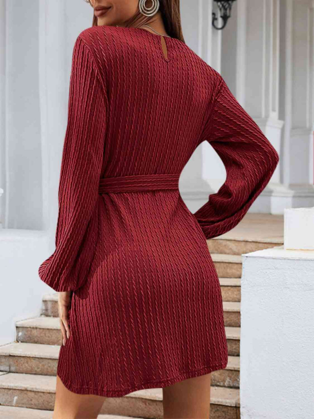 Pre-Order: Round Neck Tie Front Long Sleeve Dress