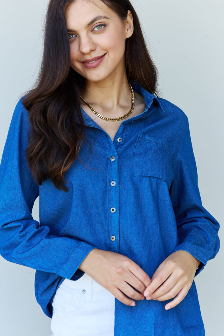PRE-ORDER: Denim Button Down Shirt Top in Dark Blue