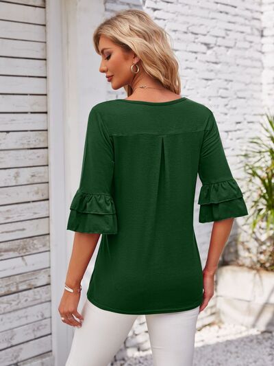 PRE-ORDER: Ruffled Suqare Neck Half Sleeve Blouse