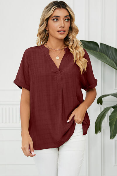 PRE-ORDER: Ruched Notched Short Sleeve Blouse