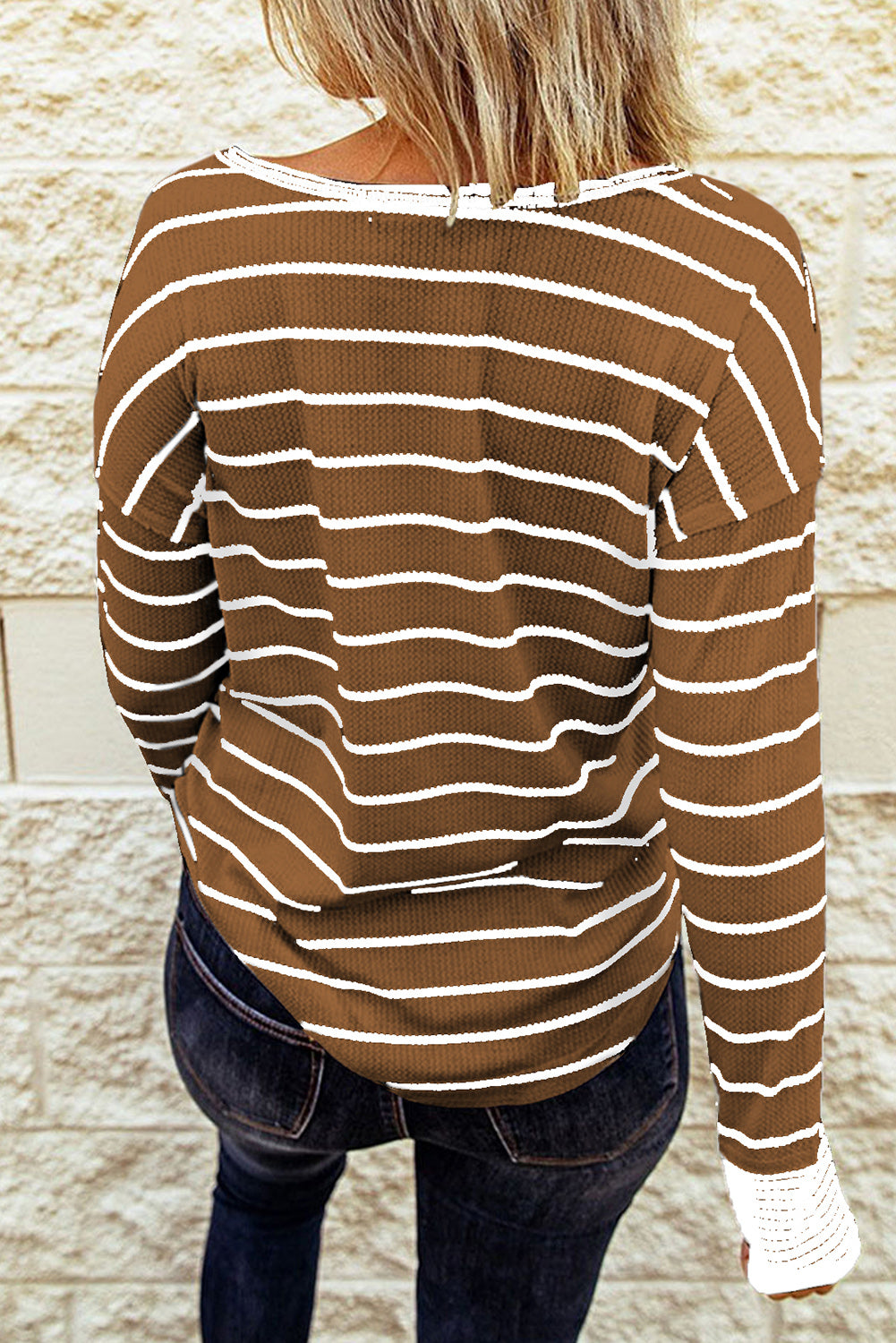 PRE-ORDER: Striped Waffle Knit Henley Long Sleeve Top