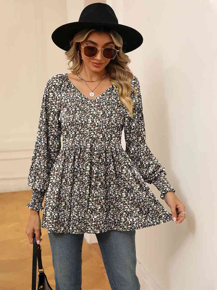 PRE-ORDER: Printed V-Neck Lantern Sleeve Blouse