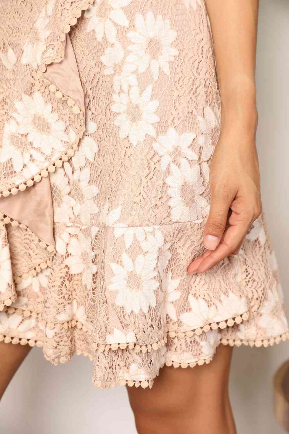 PRE-ORDER: Floral Lace Pompom Detail Tie-Waist Flutter Sleeve Dress