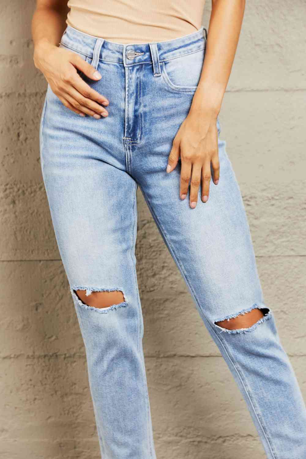 BAYEAS High Waisted Distressed Slim Cropped Jeans