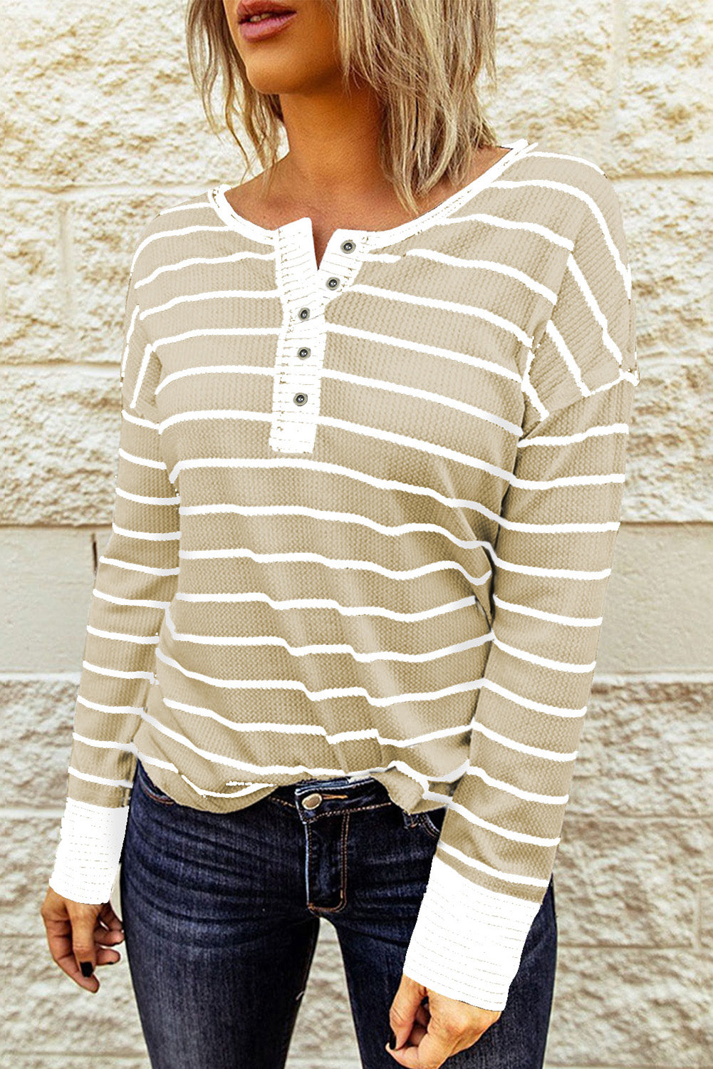 PRE-ORDER: Striped Waffle Knit Henley Long Sleeve Top