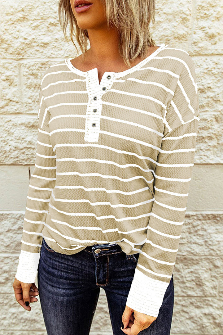 PRE-ORDER: Striped Waffle Knit Henley Long Sleeve Top