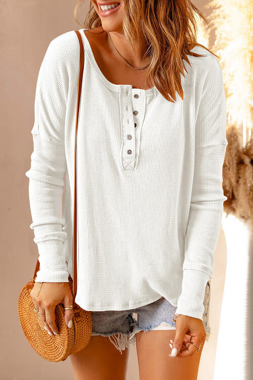 Pre-Order: Waffle Knit Henley Long Sleeve Top