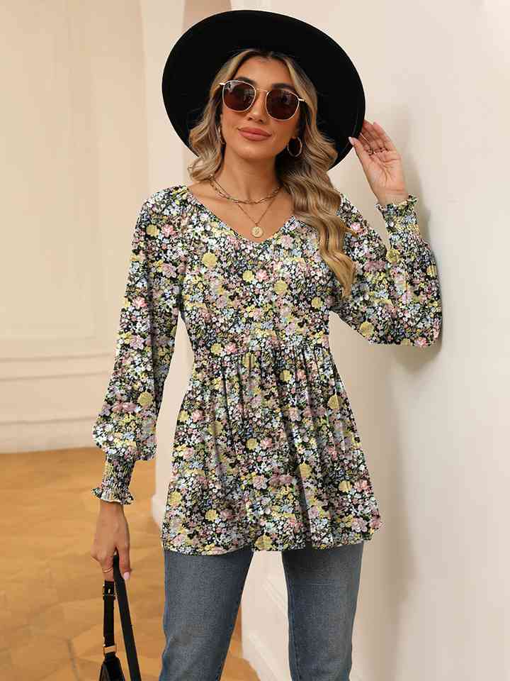 PRE-ORDER: Printed V-Neck Lantern Sleeve Blouse