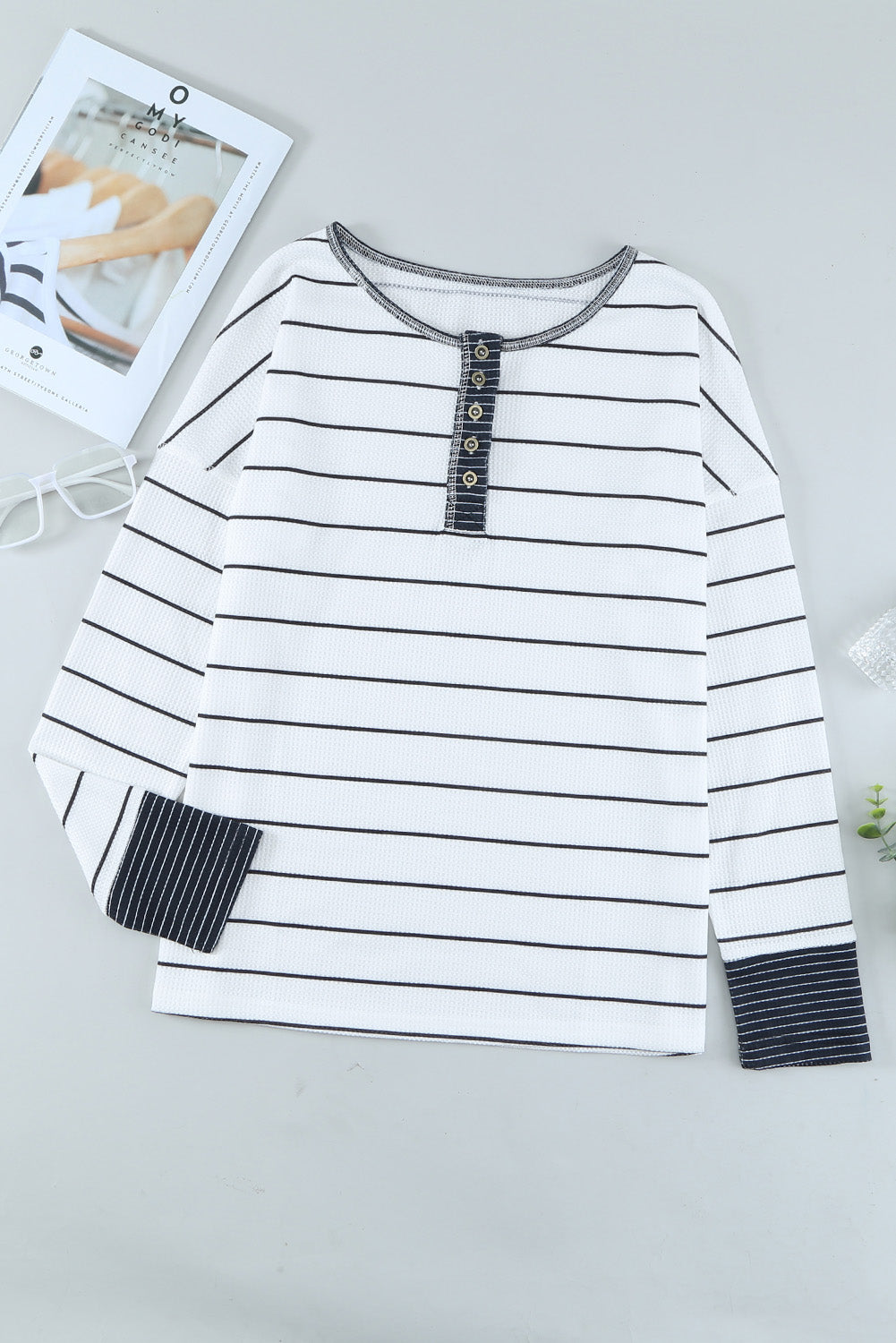 PRE-ORDER: Striped Waffle Knit Henley Long Sleeve Top