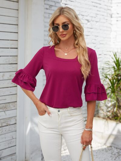 PRE-ORDER: Ruffled Suqare Neck Half Sleeve Blouse