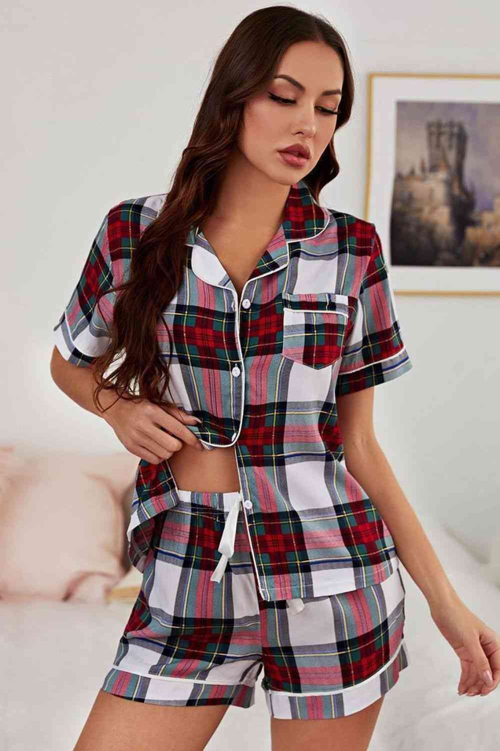 Pre-Order: Collared Neck Short Sleeve Tied Two-Piece Lounge Set