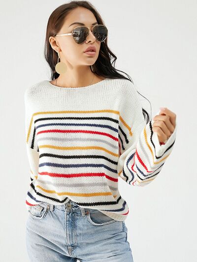 PRE-ORDER: Striped Round Neck Dropped Shoulder Sweater