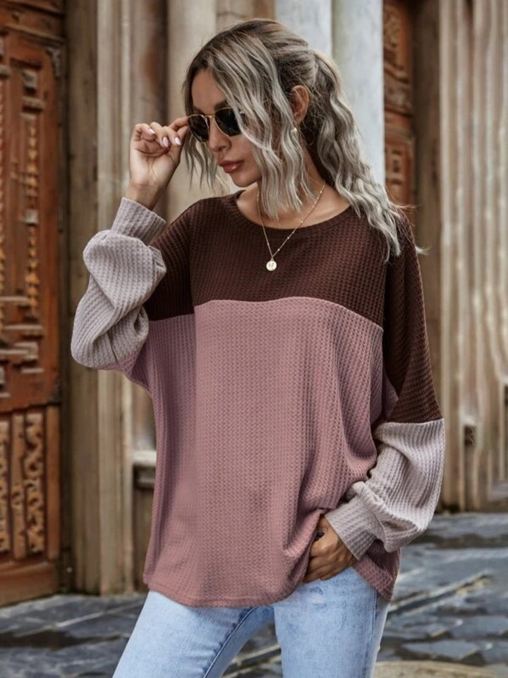 PRE-ORDER: Color Block Waffle-Knit Long Sleeve Top