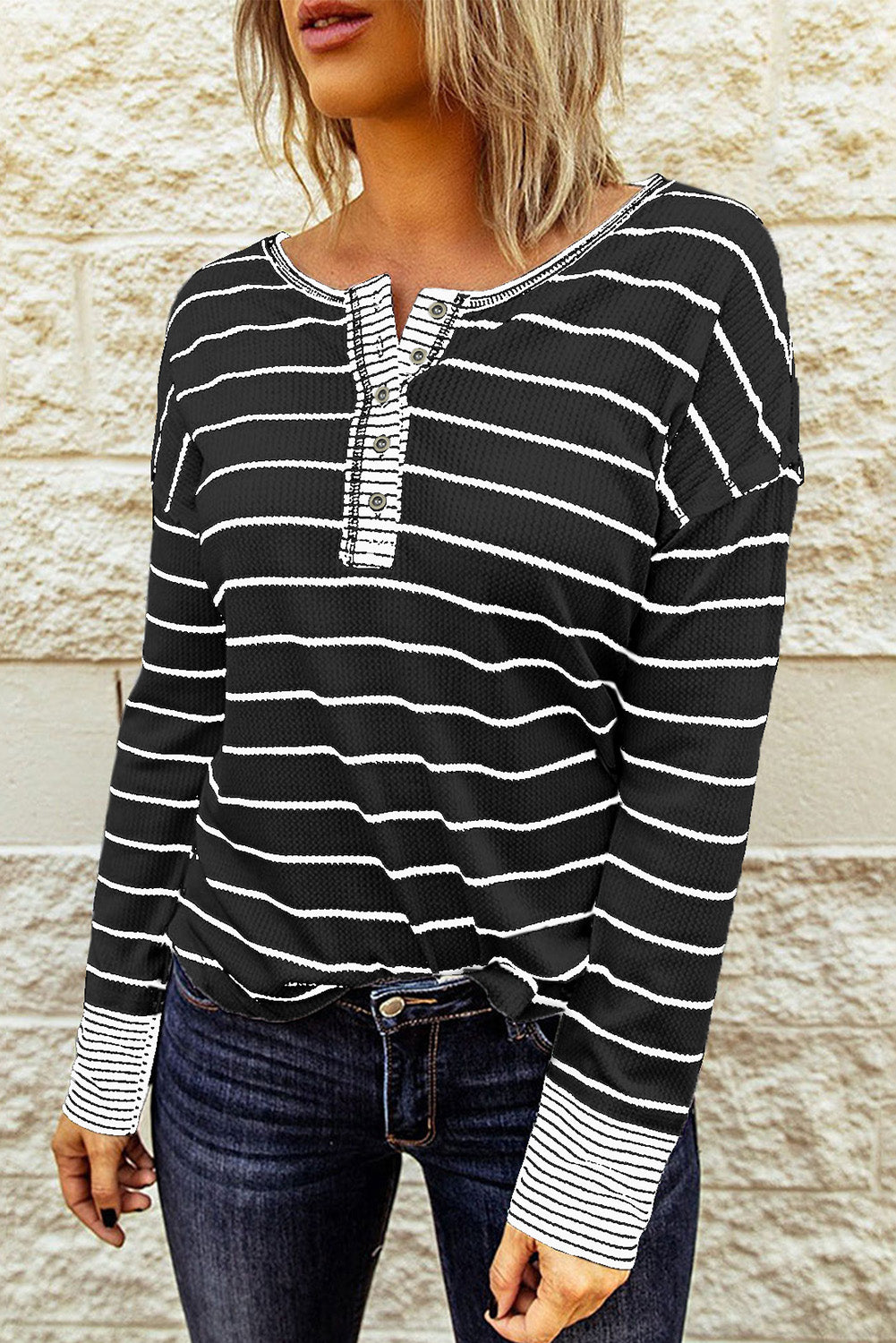 PRE-ORDER: Striped Waffle Knit Henley Long Sleeve Top