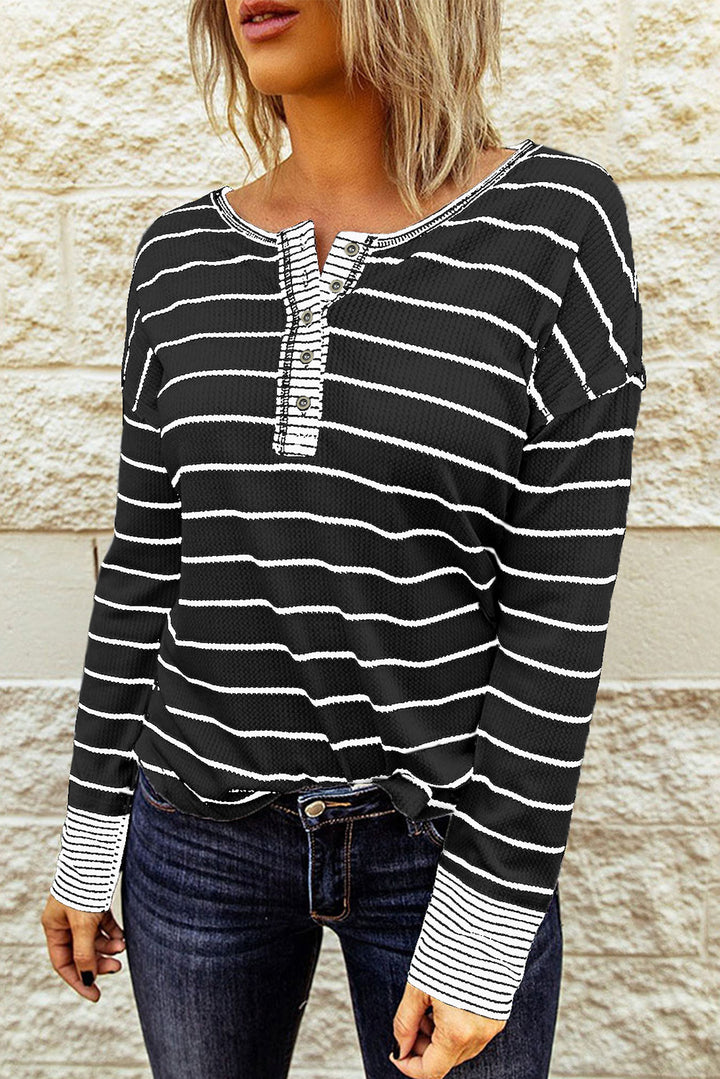 PRE-ORDER: Striped Waffle Knit Henley Long Sleeve Top