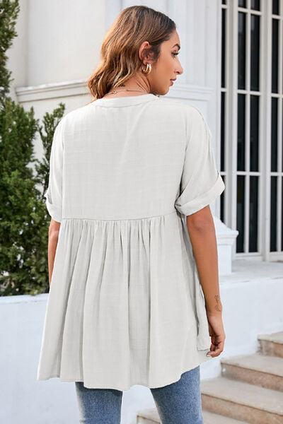 PRE-ORDER: Ruched Notched Short Sleeve Blouse