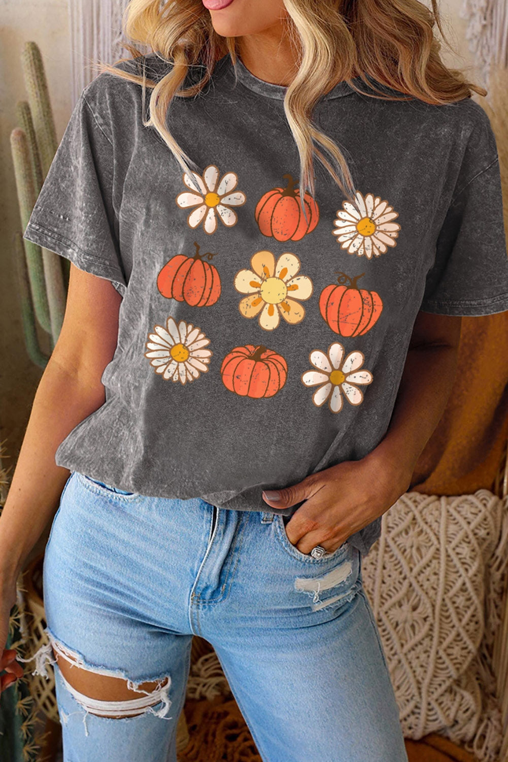 Pumpkin & Floral Printed Short Sleeve T-Shirt