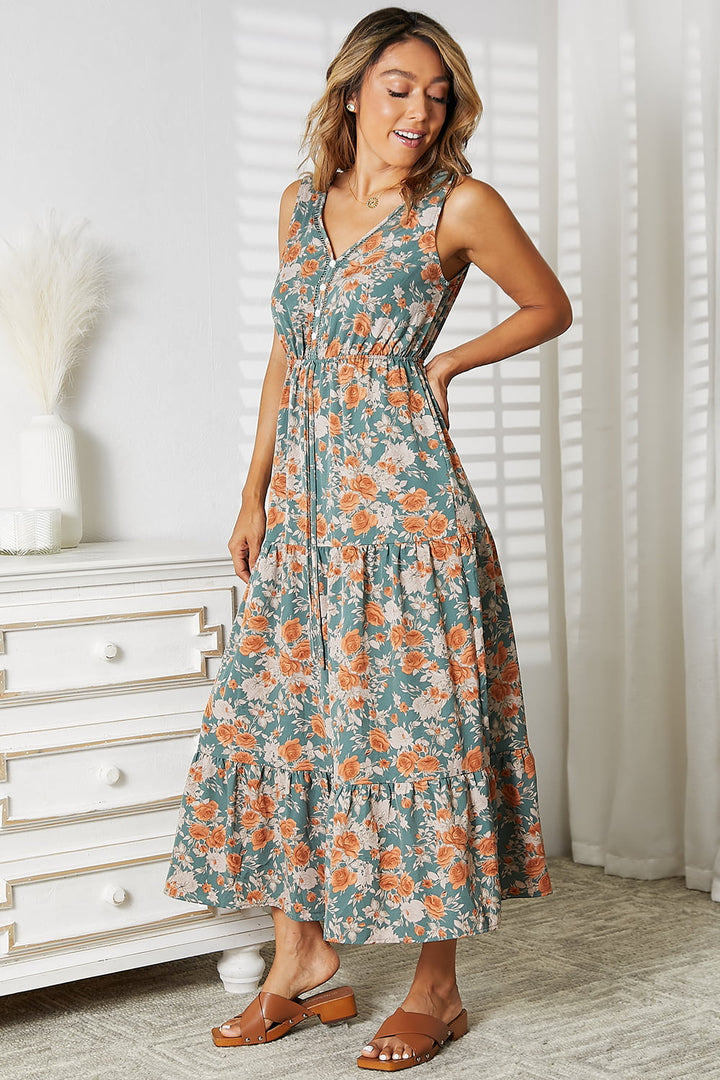 PRE-ORDER: Double Take Floral V-Neck Tiered Sleeveless Dress