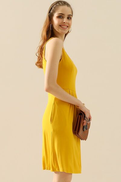 Pre-Order: Doublju Full Size Round Neck Ruched Sleeveless Dress with Pockets