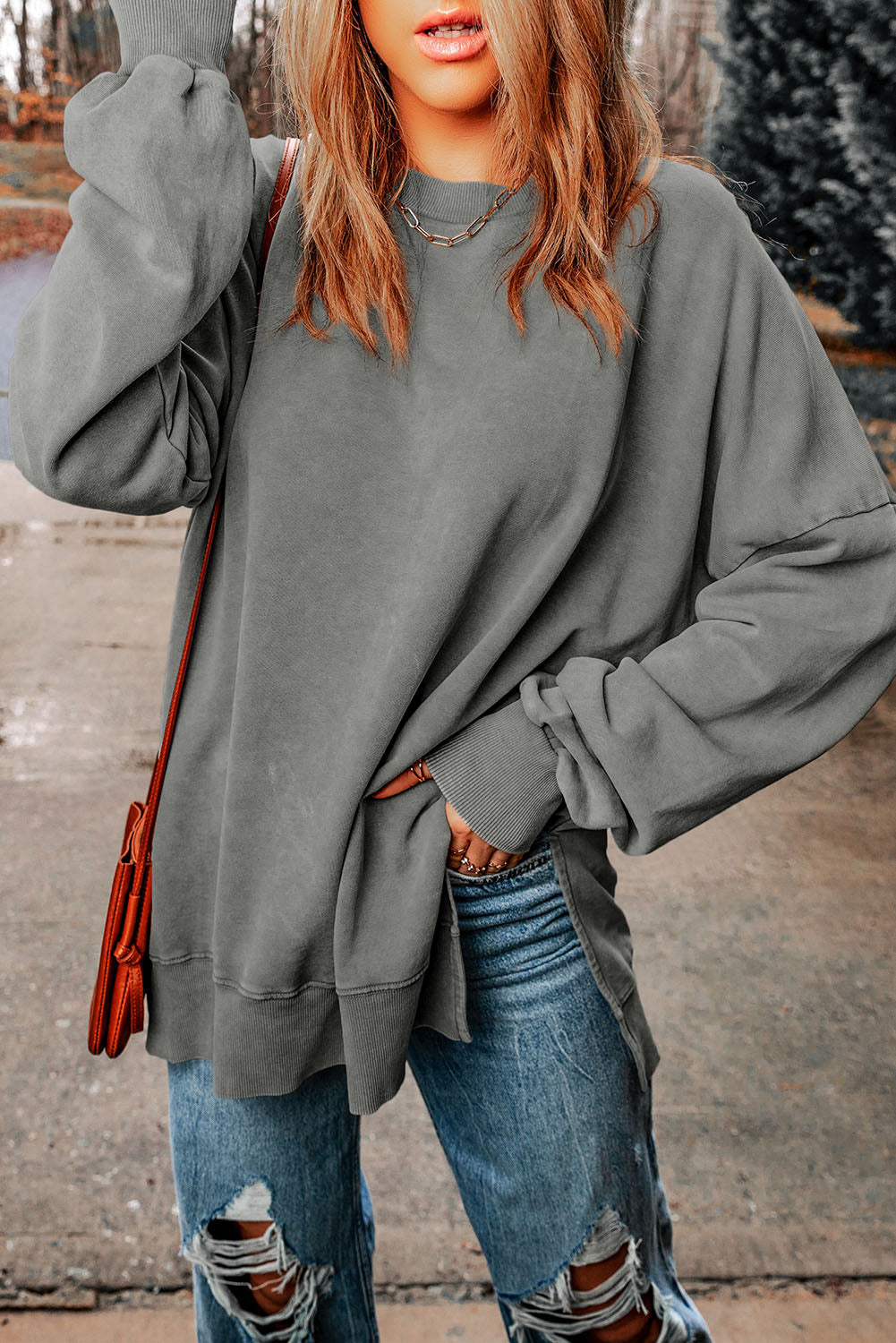 PRE-ORDER: Dropped Shoulder Round Neck Long Sleeve Blouse