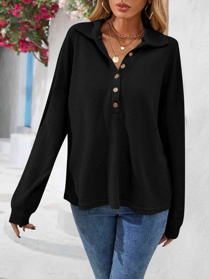 PRE-ORDER: Half Button Collared Neck Long Sleeve Top