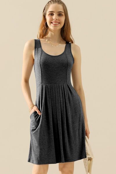 Pre-Order: Doublju Full Size Round Neck Ruched Sleeveless Dress with Pockets