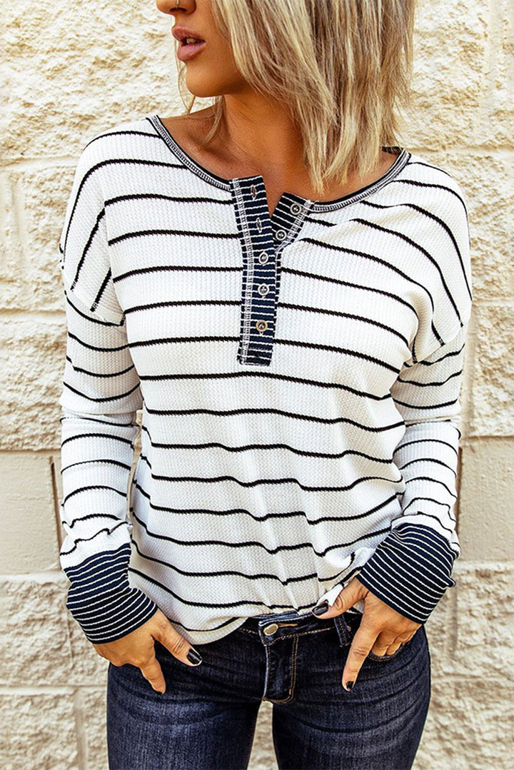 PRE-ORDER: Striped Waffle Knit Henley Long Sleeve Top