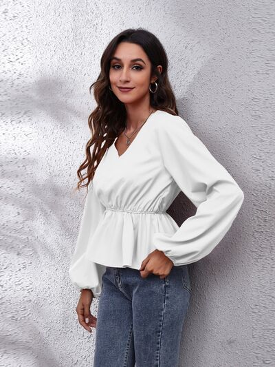 PRE-ORDER: V-Neck Balloon Sleeve Peplum Blouse