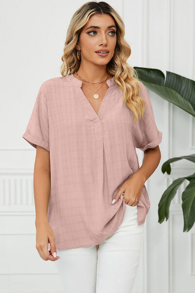 PRE-ORDER: Ruched Notched Short Sleeve Blouse